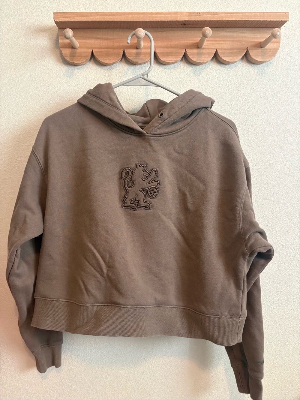 Cropped Hooded Sweatshirt with Embroidered Lion - Brown